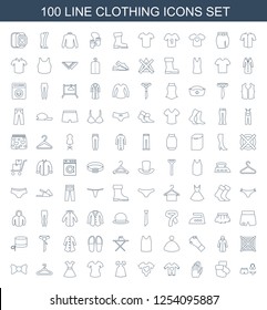 clothing icons. Trendy 100 clothing icons. Contain icons such as swimsuit, baby socks, glove, baby onesie, dress, T shirt, hanger, bow tie, no dry cleaning. clothing icon for web and mobile.