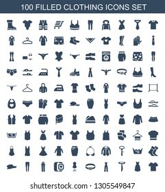 clothing icons. Trendy 100 clothing icons. Contain icons such as T shirt, dress, tie, jumpsuit, belt, mannequin, woman pants, underpants, baseball cap. clothing icon for web and mobile.