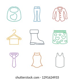 clothing icons. Trendy 9 clothing icons. Contain icons such as singlet, skirt, tie, underwear with heart, boot, hanger, jacket, woman pants. clothing icon for web and mobile.