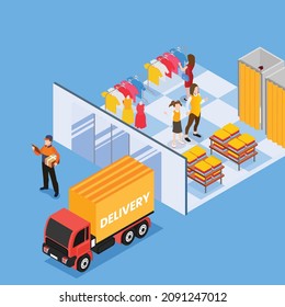 Clothing industry delivery service isometric 3d vector concept for banner, website, illustration, landing page, flyer, etc.