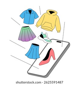Clothing items flying from smartphone as online fashion shopping concept