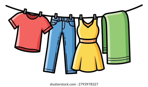 Clothing items hanging to dry outside