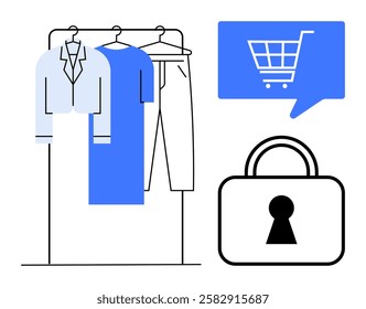 Clothing items on hangers, speech bubble with shopping cart, and padlock symbol. Ideal for e-commerce, cybersecurity, online shopping, fashion business, digital transaction, consumer protection