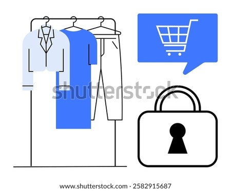 Clothing items on hangers, speech bubble with shopping cart, and padlock symbol. Ideal for e-commerce, cybersecurity, online shopping, fashion business, digital transaction, consumer protection