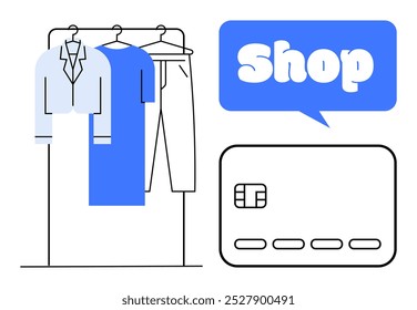 Clothing items such as a shirt, pants, and a skirt hanging on a rack beside a shop sign and a credit card. Ideal for online shopping e-commerce retail payment fashion and consumerism