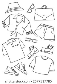 Clothing items are T-shirt, shorts, shirt and sandals. Flat vector line illustration, eps10