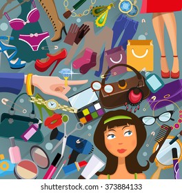 Clothing, jewelry, cosmetics and makeup. Shopping concept background in a flat style