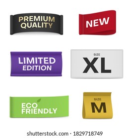 Clothing labels realistic set. Woven tags collection. Premium quality, new, limited edition, eco friendly, xl, m size product detail template, sample. Vector labels isolated on white background.