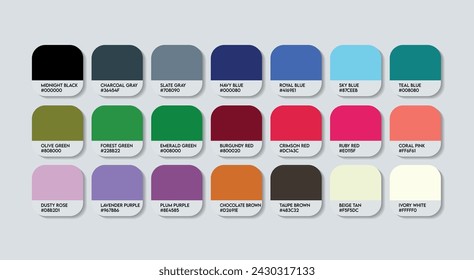 Clothing Line Color Guide Palette with Color Names. Catalog Samples with RGB HEX codes and Names. Garment Colors Palette Vector, Print and Plastic Color Palette, Fashion Trend Color Palette