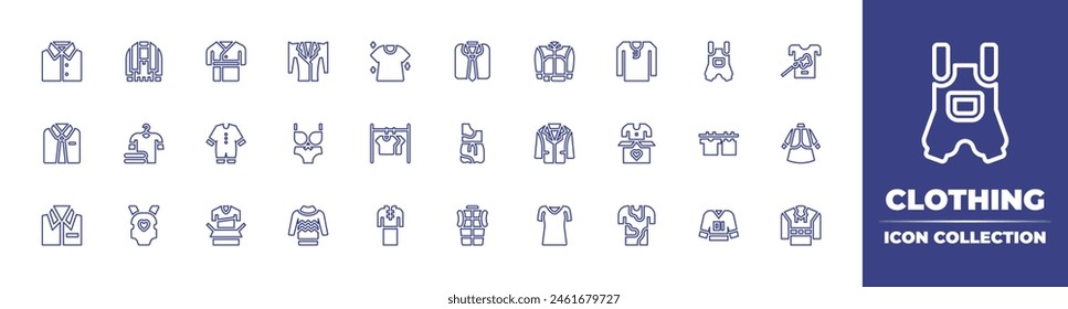 Clothing line icon collection. Editable stroke. Vector illustration. Containing tshirt, clothes, shirt, uniform, bikini, clothes donation, clothing, coat, drying, jacket, t shirt, jumper.