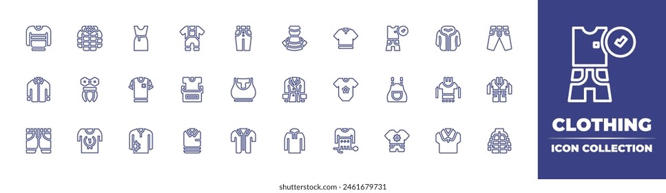 Clothing line icon collection. Editable stroke. Vector illustration. Containing tshirt, shirt, sweater, baby clothes, clothes, overall, donation, hoodie, tropical, winner, bra, hawaiian, jeans.