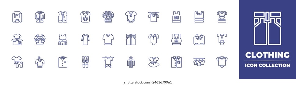 Clothing line icon collection. Editable stroke. Vector illustration. Containing clothes hanger, dress, clothes, shirt, drying, tshirt, sport clothes, sport bra, raincoat, baby body, baby dress, pants.