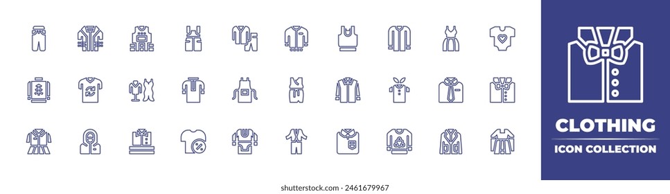 Clothing line icon collection. Editable stroke. Vector illustration. Containing shirt, coat, fashion, suit, clothing, clothes, hazmat, uniform, apron, sweater, tunic, gown.