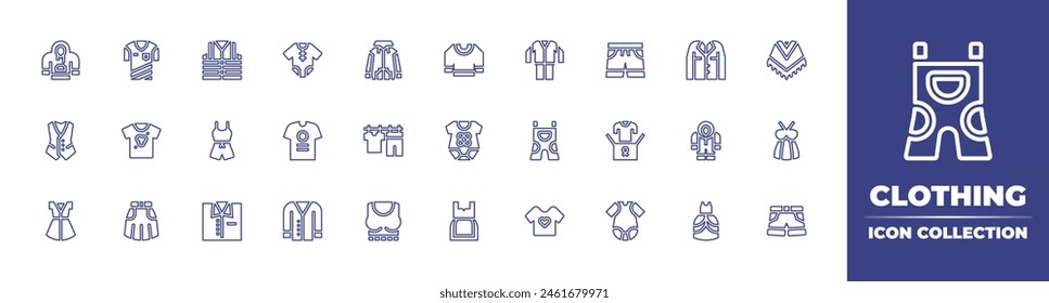Clothing line icon collection. Editable stroke. Vector illustration. Containing clothes, baby cloth, t shirt, baby clothes, dry, top, cardigan, baby body, overalls, vest, skirt, dress, dirty shirt.