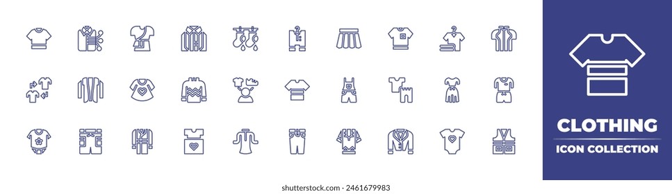 Icono de línea de ropa colección. Trazo editable. Ilustración vectorial. Conteniendo ropa de bebé, elección, pipa, vestido, ropa, flechas, vestido de bebé, ropa de verano, pantalones cortos, pantalones, chaleco, cárdigan, cuero.