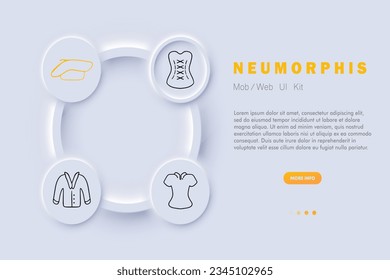 Clothing line icon. Corset, hat, jacket, accessories, jacket, outerwear, blouse. Neomorphism style. Vector line icon for Business