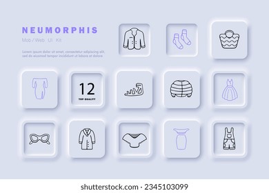 Clothing line icon. Down jacket, jacket, glasses, sandals, coat, dress, jumpsuit. Neomorphism style. Vector line icon for Business