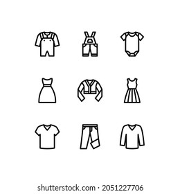 Clothing line icon set. Contains such icons as newborn, cardigan, dress, tshirt and jumpsuit. Simple outline signs for fashion app. Vector illustration.