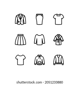 Clothing line icon set. Contains such icons as suit coat, shirt, skirt, bathrobe and cardigan. Simple outline signs for fashion app. Vector illustration.