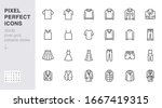 Clothing line icon set. Dress, polo t-shirt, jeans, winter coat, jacket pants, skirt minimal vector illustrations. Simple outline signs for fashion application. 30x30 Pixel Perfect. Editable Strokes.