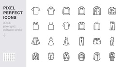 Clothing Line Icon Set. Dress, Polo T-shirt, Jeans, Winter Coat, Jacket Pants, Skirt Minimal Vector Illustrations. Simple Outline Signs For Fashion Application. 30x30 Pixel Perfect. Editable Strokes.