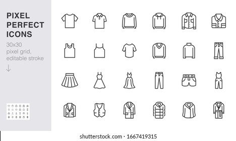 Clothing line icon set. Dress, polo t-shirt, jeans, winter coat, jacket pants, skirt minimal vector illustrations. Simple outline signs for fashion application. 30x30 Pixel Perfect. Editable Strokes. - Shutterstock ID 1667419315