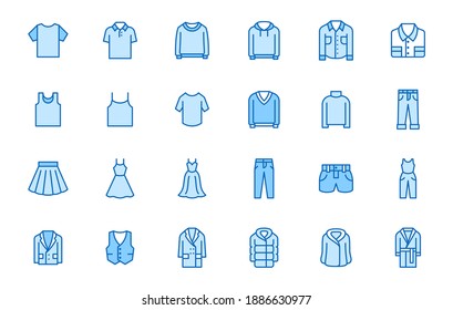 Clothing line icon set. Dress, polo t-shirt, jeans, winter coat, jacket pants, skirt minimal vector illustrations. Simple outline signs for fashion application. Blue color, Editable Stroke.