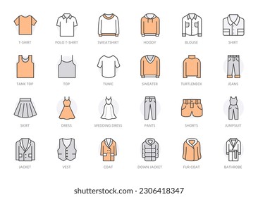 Clothing line icon set. Dress, polo t-shirt, jeans, winter coat, jacket pants, skirt minimal vector illustrations. Simple outline signs for fashion application. Orange color. Editable Stroke