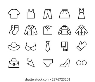Clothing line icon set. Dress, polo t-shirt, jeans, winter coat, pants, skirt, Clothes, Fashion Jacket, Sweatshirt, Hoody editable stroke isolated on white, linear vector outline