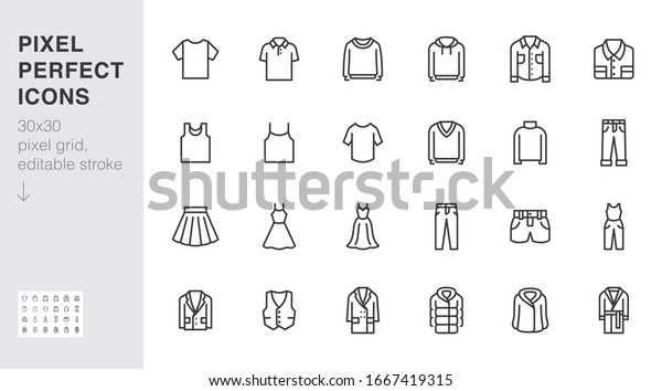 Clothing line icon set. Dress, polo t-shirt,\
jeans, winter coat, jacket pants, skirt minimal vector\
illustrations. Simple outline signs for fashion application. 30x30\
Pixel Perfect. Editable\
Strokes.