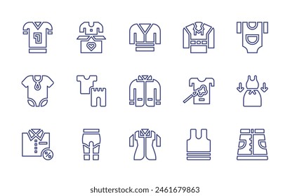 Clothing line icon set. Editable stroke. Vector illustration. Containing ppe, tshirt, clothes, clothes donation, sport clothes, body, baby body, pijama, skirt, kimono, shirt, leggins, sleeveless.