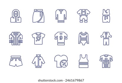 Clothing line icon set. Editable stroke. Vector illustration. Containing shorts, suit, clothes, smart clothing, clothing, baby dress, tank top, gymnast, hazmat, dirty shirt, jacket, skirt.