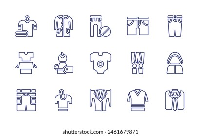 Clothing line icon set. Editable stroke. Vector illustration. Containing t shirt, baby clothes, clothes, no clothes, shorts, pants, smock, cloak, jacket.