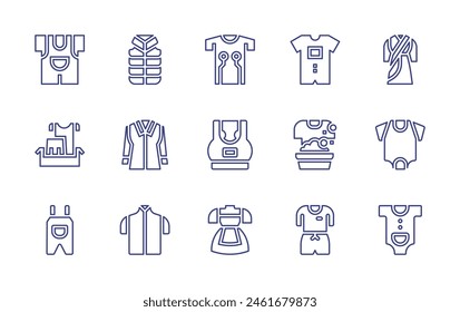 Clothing line icon set. Editable stroke. Vector illustration. Containing shirt, traditional dress, baby clothes, summer clothing, clothes, washing clothes, smart clothing, overalls, sport bra.