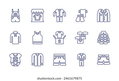 Clothing line icon set. Editable stroke. Vector illustration. Containing clothing store, pijamas, tshirt, clothing, clothes, shorts, cardigan, baby body, tank top, hoodie, pijama, overall, jacket.