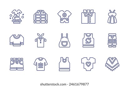 Clothing line icon set. Editable stroke. Vector illustration. Containing oversize, clothes, baby clothes, overall, jacket, top, poncho, shorts, pants, t shirt, pullover.