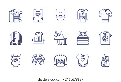 Clothing line icon set. Editable stroke. Vector illustration. Containing sportswear, baby clothes, bikini, clothes, clothing, smart clothing, overalls, sweater, sailor.