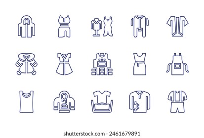 Clothing line icon set. Editable stroke. Vector illustration. Containing clothes, shirt, laundry, fashion, dress, life vest, baby clothes, singlet, apron, jumpsuit, hoodie.