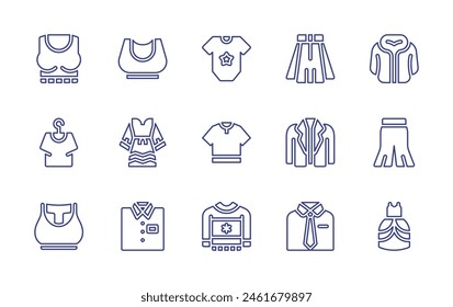 Clothing line icon set. Editable stroke. Vector illustration. Containing shirt, dress, top, tshirt, sweater, baby clothes, fur, jacket, bra, pants, t shirt, skirt.