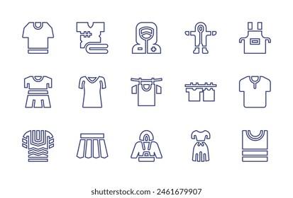 Clothing line icon set. Editable stroke. Vector illustration. Containing skirt, apron, dress, shirt, clothing, ppe, tshirt, clothes, laundry, drying, body, t shirt, hoodie, doctor.