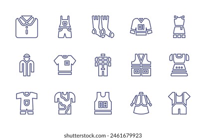 Clothing line icon set. Editable stroke. Vector illustration. Containing shirt, tshirt, t shirt, clothes, baby clothes, raincoat, vest, racing, socks, jumpsuit, tank top.