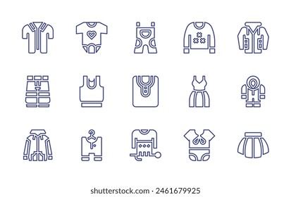 Clothing line icon set. Editable stroke. Vector illustration. Containing sweater, baby dress, baby clothes, clothes, cloth, pants, overalls, dress, knitting, hawaiian, mini skirt, hoodie, raincoat.