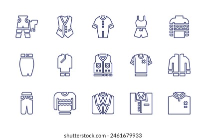 Conjunto de iconos de línea de ropa. Trazo editable. Ilustración vectorial. Conteniendo ropa, camisa, camiseta, jeans, traje, traje, chaqueta, ropa de bebé, suéter, chaleco, falda, ao dai.