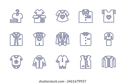 Clothing line icon set. Editable stroke. Vector illustration. Containing fashion, baby clothes, winter jacket, clothes, shirt, uniform, t shirt, baby dress, clothing, cardigan, blazer, vest.