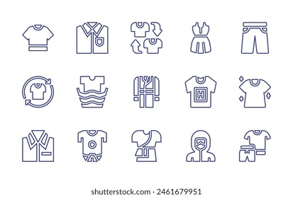 Clothing line icon set. Editable stroke. Vector illustration. Containing arrows, tshirt, clothes, shirt, t shirt, sport wear, trousers, laundry, ppe, body, toga, trench coat, dress.