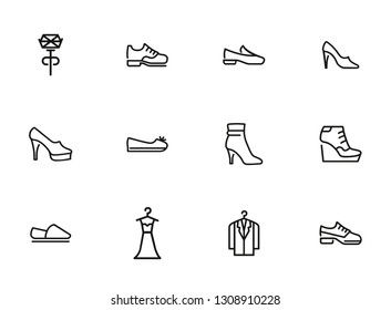 Clothing line icon set. Set of line icons on white background. Shoes, dress, high heels. Festive evening concept. Vector illustration can be used for topics like evening, celebration, black tie