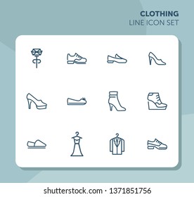 Clothing line icon set. Set of line icons on white background. Shoes, dress, high heels. Festive evening concept. Vector illustration can be used for topics like evening, celebration, black tie