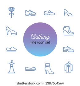 Clothing line icon set. Set of line icons on white background. Shoes, dress, high heels. Festive evening concept. Vector illustration can be used for topics like evening, celebration, black tie