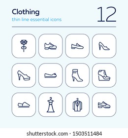 Clothing line icon set. Set of line icons on white background. Shoes, dress, high heels. Festive evening concept. Vector illustration can be used for topics like evening, celebration, black tie