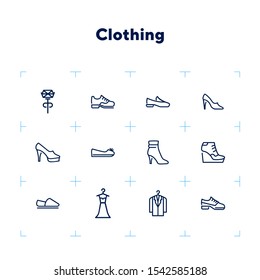Clothing line icon set. Set of line icons on white background. Shoes, dress, high heels. Festive evening concept. Vector illustration can be used for topics like evening, celebration, black tie